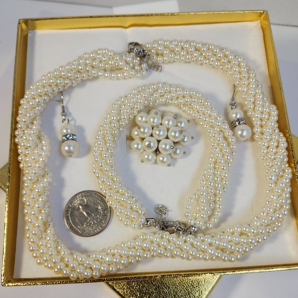 Wedding Season! NIB Old Stock Multi Strand Pearl Set Adjustable Ring